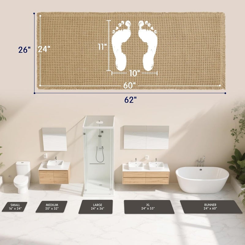 subrtex Waffle Braided Bath Mat, 24" x 60" Soft Waffle Bath Rugs, Absorbent Non Slip Bathrooom Mats, Machine Washable Area Rug for Bathroom, Quick Dry, Khaki - Image 2