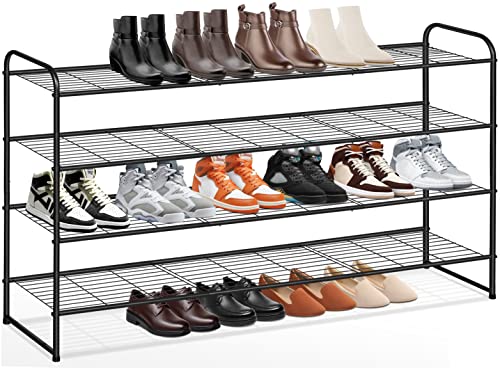 KEETDY 4Tier Long Shoe Rack for Closet Wide Shoe Organizer for Closet Floor Storage Stackable Shoe Rack for Entryway Metal Shoe Shelf for 30 Pairs Men Sneakers with Wire Grid for Bedroom Black