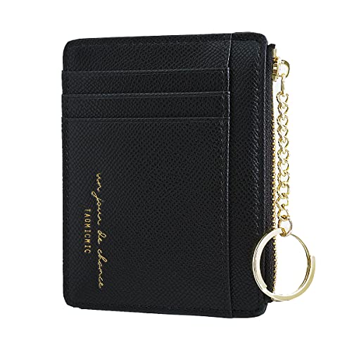 Prometheism Women Slim Leather Card Case Holder Small Wallet Cute Coin Purse Girl Mini Wallet with Keychain (Black) - Image 1