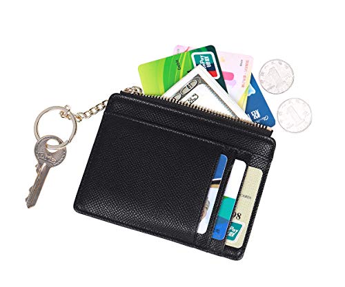 Prometheism Women Slim Leather Card Case Holder Small Wallet Cute Coin Purse Girl Mini Wallet with Keychain (Black) - Image 2