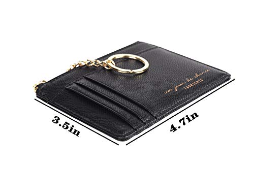 Prometheism Women Slim Leather Card Case Holder Small Wallet Cute Coin Purse Girl Mini Wallet with Keychain (Black) - Image 3