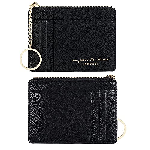 Prometheism Women Slim Leather Card Case Holder Small Wallet Cute Coin Purse Girl Mini Wallet with Keychain (Black) - Image 4
