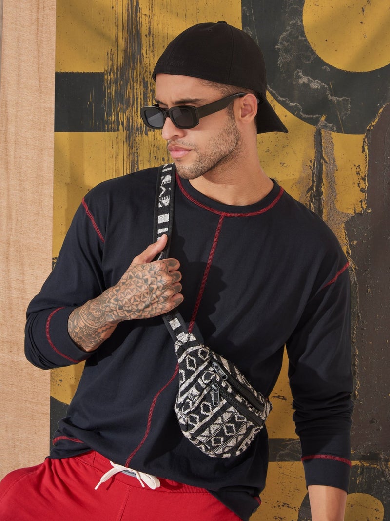 Maniac Mens Solid Round Neck Full Sleeve Black and Red Cotton Slim Fit T-Shirt - Image 2