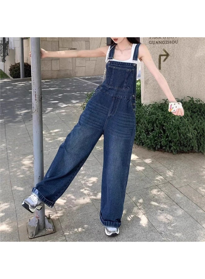 Hippie Girl's Retro Blue Denim Strap Pants Women's New Loose Design Sense Straight Casual All-match Wide-leg Pants 