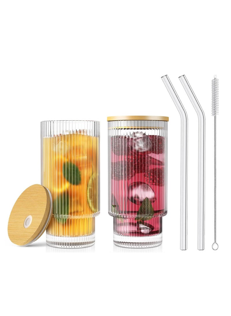 FASHION HOME Premium Ribbed Drinking Glass Cups with Straws Stackable Ridged Glassware Origami Style Tumbler 11oz Set of 2 - Image 1