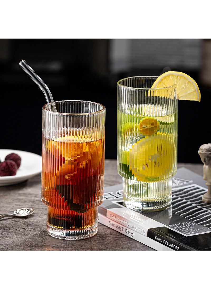 FASHION HOME Premium Ribbed Drinking Glass Cups with Straws Stackable Ridged Glassware Origami Style Tumbler 11oz Set of 2 - Image 3