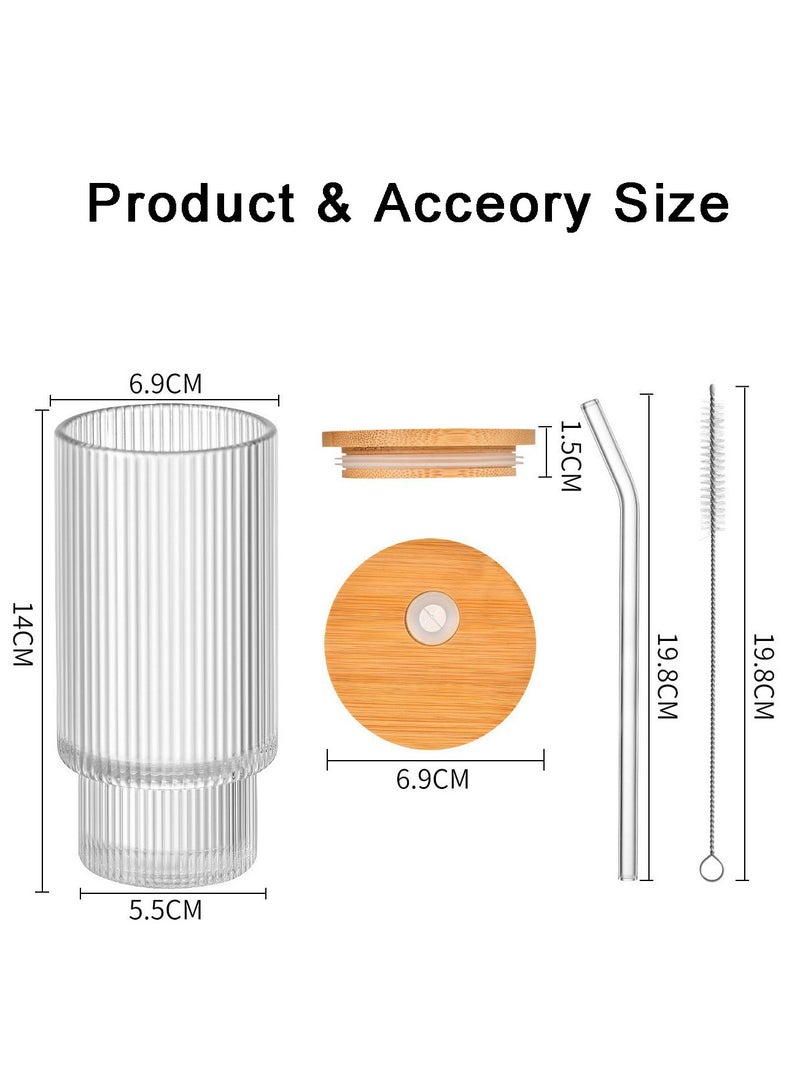 FASHION HOME Premium Ribbed Drinking Glass Cups with Straws Stackable Ridged Glassware Origami Style Tumbler 11oz Set of 2 - Image 2