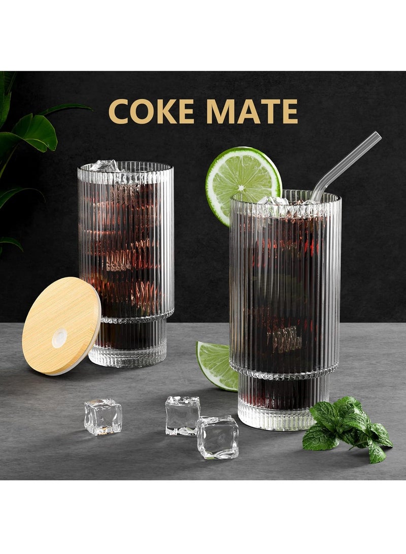 FASHION HOME Premium Ribbed Drinking Glass Cups with Straws Stackable Ridged Glassware Origami Style Tumbler 11oz Set of 2 - Image 4