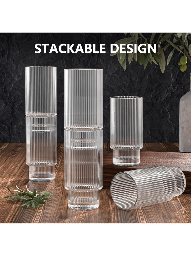 FASHION HOME Premium Ribbed Drinking Glass Cups with Straws Stackable Ridged Glassware Origami Style Tumbler 11oz Set of 2 - Image 5