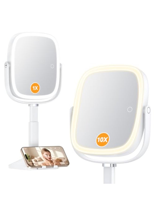 Gospire 1X10X Lighted Magnifying Mirror with Lights Height Adjustable Lighted Makeup Mirror with Magnification for Desk Hidden Phone Stand 4000mAh 3 Color Modes for Vanity White - Image 1