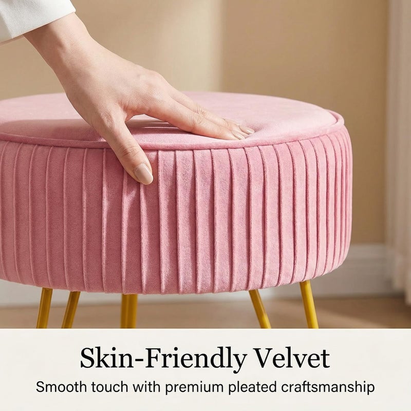 Leesingdo Velvet Vanity Stool, Modern Ottoman Foot Rest Stool with Adjustable Golden Legs, Makeup Chair for Vanity, Multifunctional Small Vanity Chair for Bedroom, Pink - Image 3