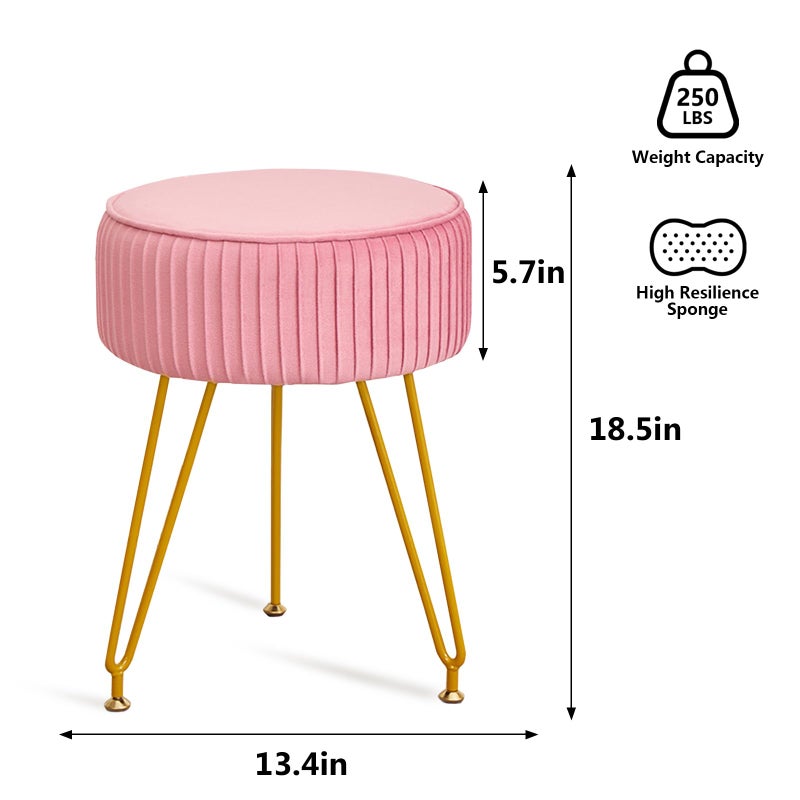 Leesingdo Velvet Vanity Stool, Modern Ottoman Foot Rest Stool with Adjustable Golden Legs, Makeup Chair for Vanity, Multifunctional Small Vanity Chair for Bedroom, Pink - Image 2
