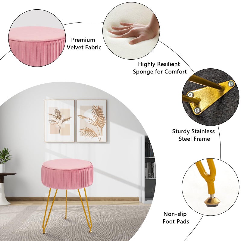 Leesingdo Velvet Vanity Stool, Modern Ottoman Foot Rest Stool with Adjustable Golden Legs, Makeup Chair for Vanity, Multifunctional Small Vanity Chair for Bedroom, Pink - Image 4