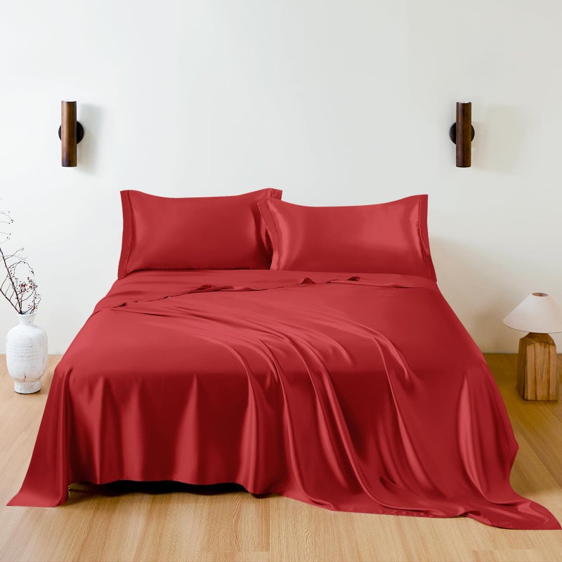 THXSILK 100 Mulberry Silk Sheet Set 7A Silk Sheet Set Soft Breathable Luxury Bedding 1 Flat Sheet 1 Fitted Sheet 2 Pillow Shams Queen Red