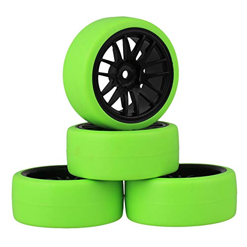 Mxfans Black Plastic 14 Spoke Wheel Rims and Green Drift Smooth Tyres for RC 1:10 On Road Racing Car Set of 4 - Image 1