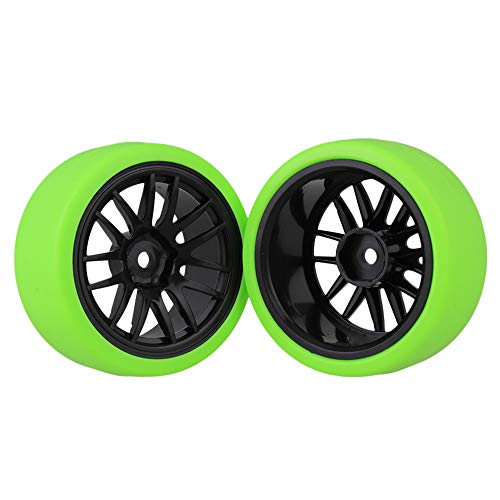 Mxfans Black Plastic 14 Spoke Wheel Rims and Green Drift Smooth Tyres for RC 1:10 On Road Racing Car Set of 4 - Image 2
