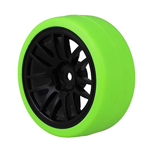 Mxfans Black Plastic 14 Spoke Wheel Rims and Green Drift Smooth Tyres for RC 1:10 On Road Racing Car Set of 4 - Image 3