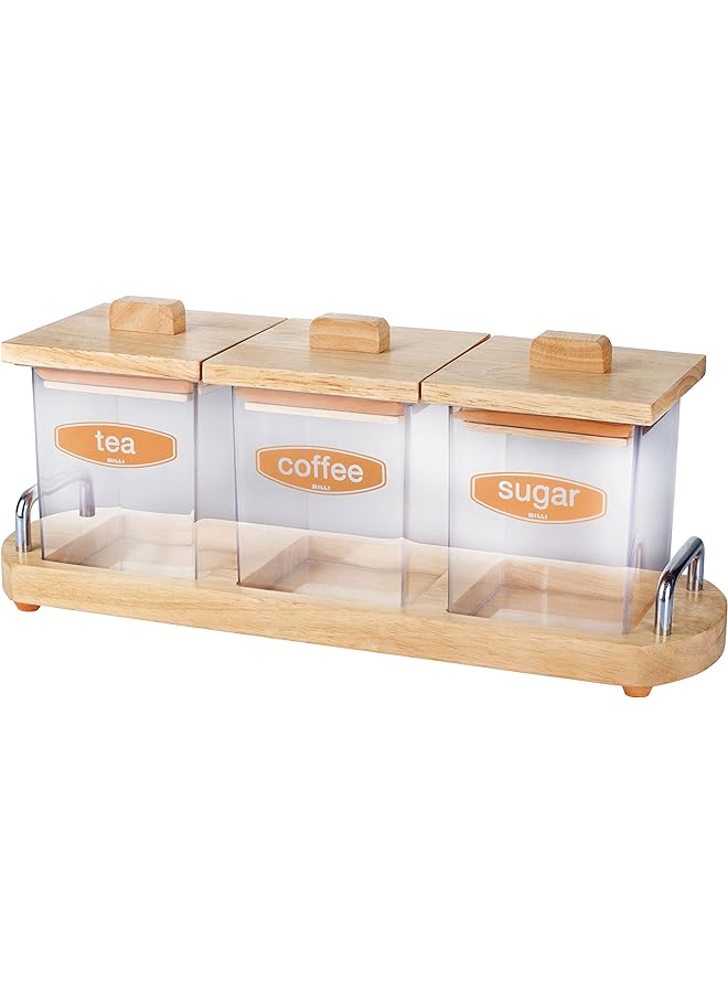 BILLI Coffee Tea And Sugar Canister Set With Wooden Lid And Stand - Image 1