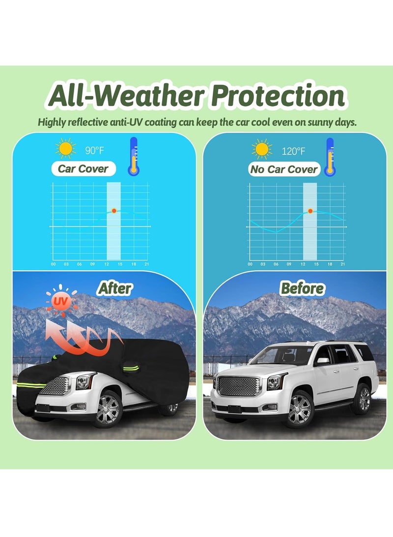 All Weather Protection Car Cover for 2007-2023 Chevrolet Tahoe/Cadillac Escalade/GMC Yukon, 6 Layers Waterproof Coating with Reflectors, Soft Interior Lint Layer, Security Lock, Straps, Clips and Zipper (Black)