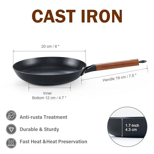 DM Cast Iron 8 Inch Nonstick Skillets Frying Pan with Detachable Acacia Wooden Handle Honeycomb Non stick Omelet Egg Pan Easy Clean Oven Safe Pans for Cooking Compatible with All Cooktops - Image 3