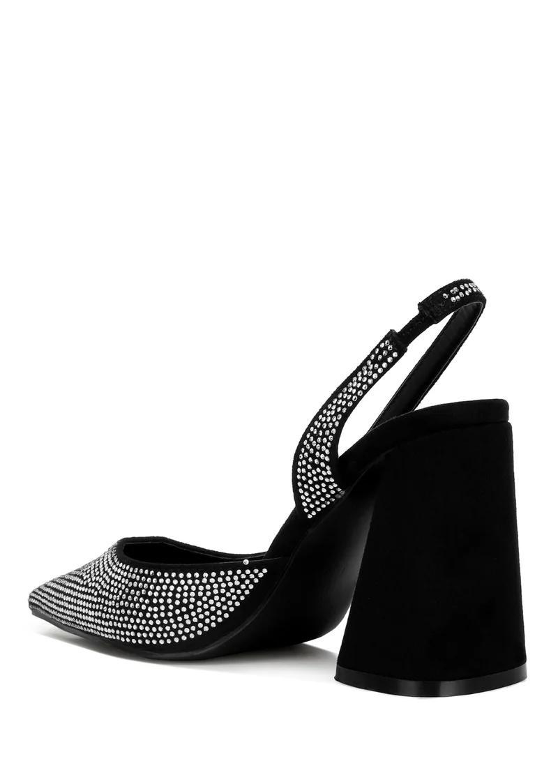 London Rag Rhinestone Embellished Suede Heel Sandals in Black