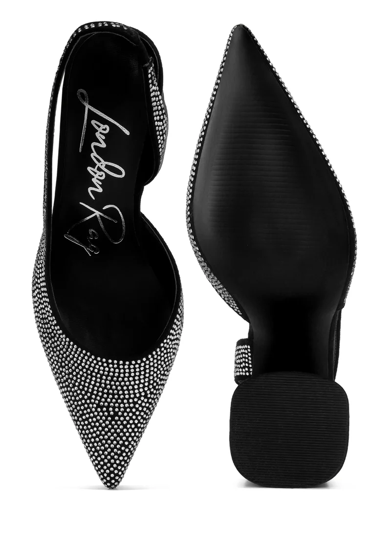 London Rag Rhinestone Embellished Suede Heel Sandals in Black