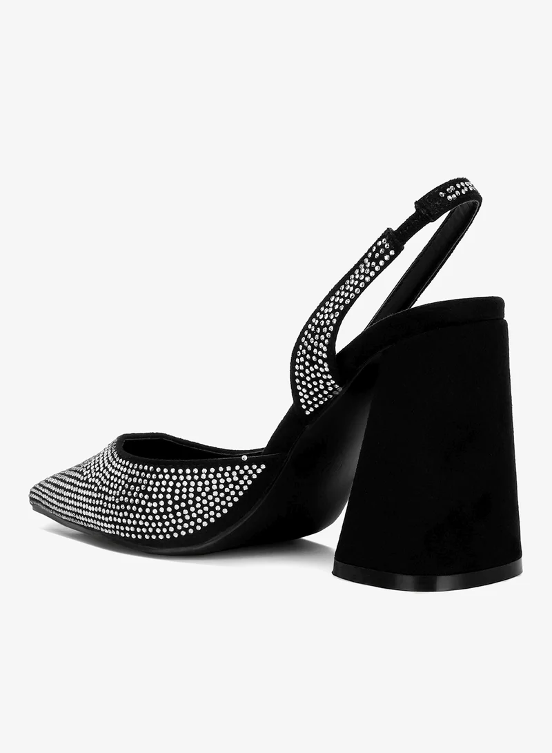 London Rag Black Rhinestone Embellished Suede Heel Sandals in Black for Women | Best Price UAE
