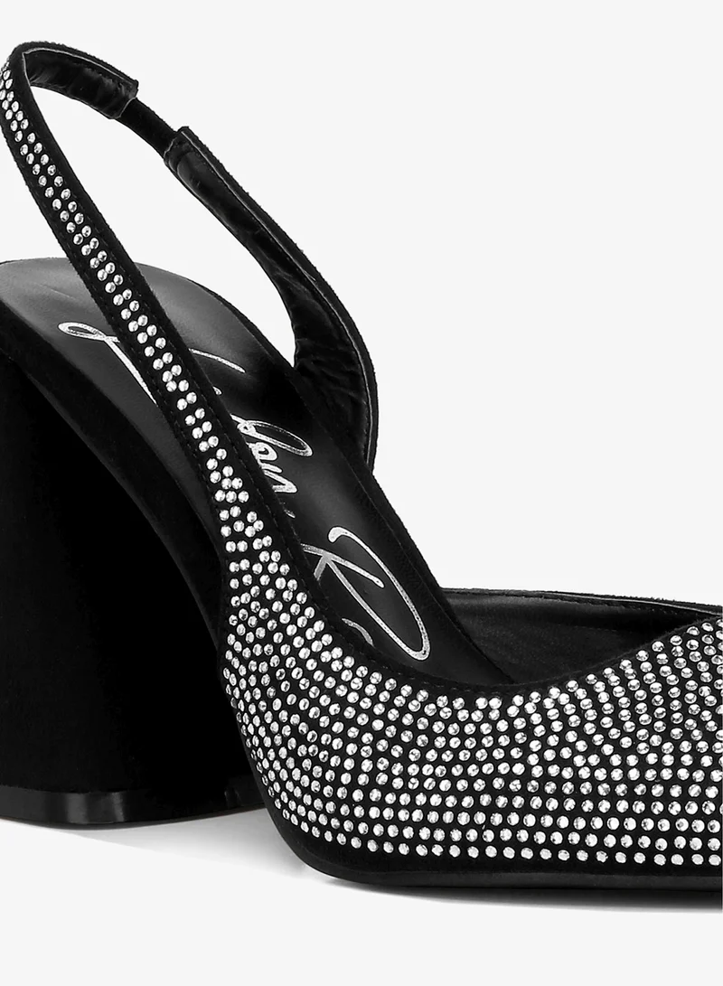 London Rag Black Rhinestone Embellished Suede Heel Sandals in Black for Women | Best Price UAE