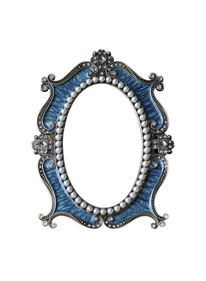 Nerien Vintage Vanity Tabletop Mirror, Metal Oval Decorative Makeup Mirror With Stand, Antique Table Cosmetic Mirror, Coquette Countertop Desk Dresser Mirror For Home Bedroom Bathroom (Blue, M) - Image 1