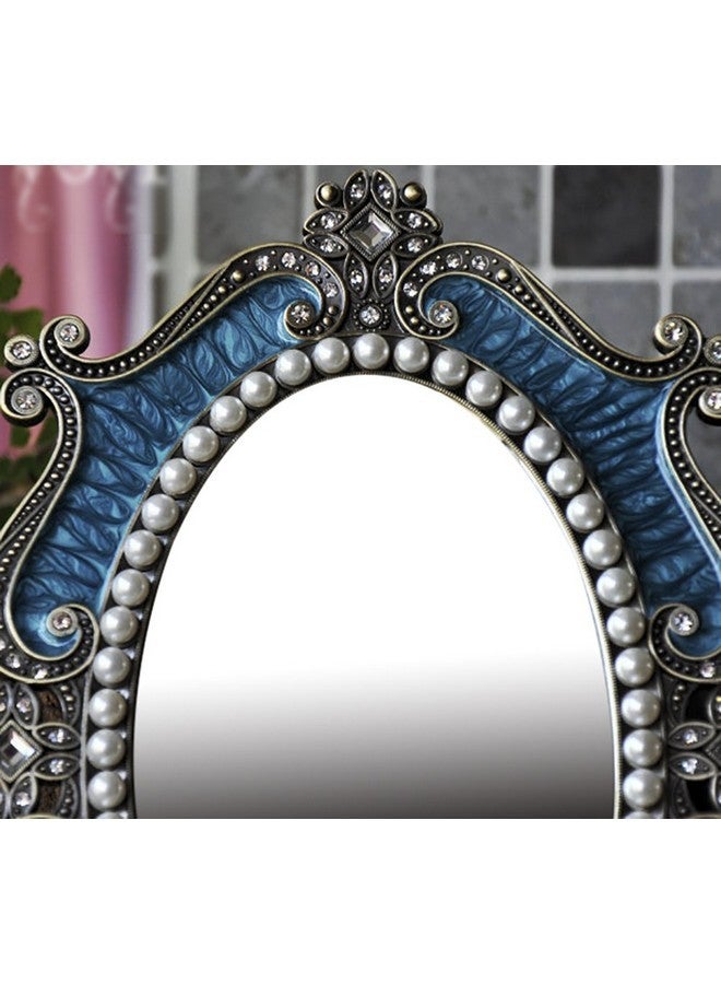 Nerien Vintage Vanity Tabletop Mirror, Metal Oval Decorative Makeup Mirror With Stand, Antique Table Cosmetic Mirror, Coquette Countertop Desk Dresser Mirror For Home Bedroom Bathroom (Blue, M) - Image 3