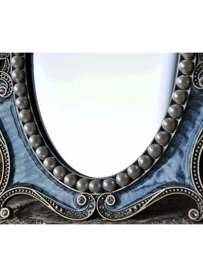 Nerien Vintage Vanity Tabletop Mirror, Metal Oval Decorative Makeup Mirror With Stand, Antique Table Cosmetic Mirror, Coquette Countertop Desk Dresser Mirror For Home Bedroom Bathroom (Blue, M) - Image 5