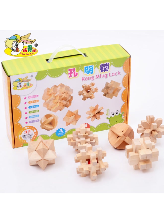 Young Dele Adult Children's Educational Wooden Unlocking Intelligence Toys Assembled Kongming Lock Luban Lock Set Six-Piece Set-Color:Kongming Lock Six-piece Set  - Image 3