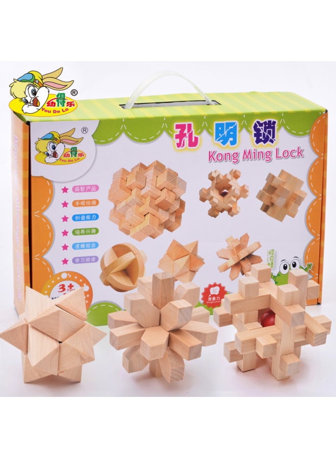 Young Dele Adult Children's Educational Wooden Unlocking Intelligence Toys Assembled Kongming Lock Luban Lock Set Six-Piece Set-Color:Kongming Lock Six-piece Set  - Image 2