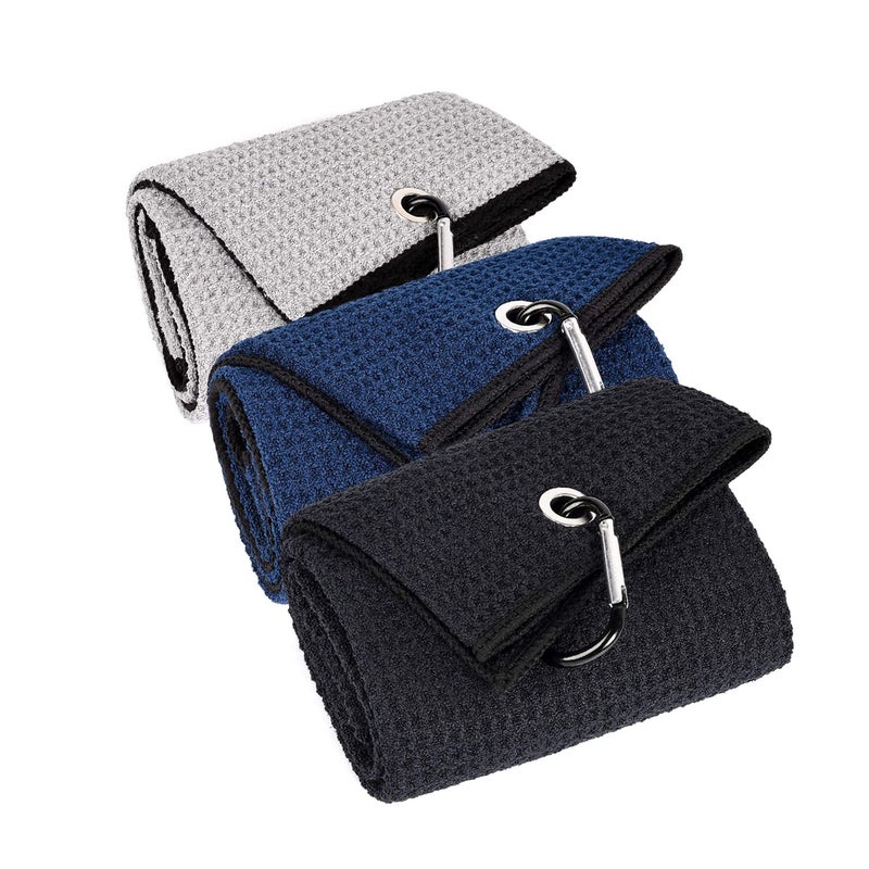 LUSTEMBER 3 Pack Large Golf Towels 16 x 24 TriFold Portable Microfiber Fabric Waffle Pattern Golf Towel for Golf Bag with Carabiner Clip to Quickly Remove Sand Mud Dirt and Sweat