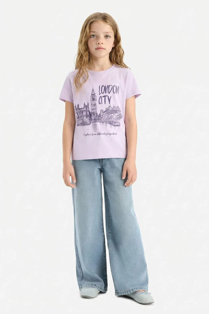 ديفاكتو Girl Crew Neck Printed Short Sleeve T-Shirt