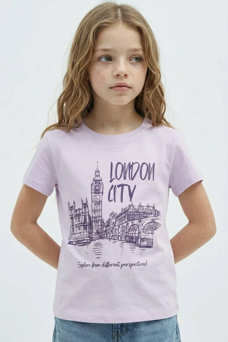 ديفاكتو Girl Crew Neck Printed Short Sleeve T-Shirt