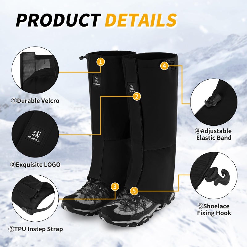 HIGH EXPERIENCE Leg Gaiters 100% Waterproof Adjustable Shoe Snow Boot Guard Gators for Hiking Shoe Cover Hunting Snowshoeing Climbing Walking for Women Men (Black) - Image 4