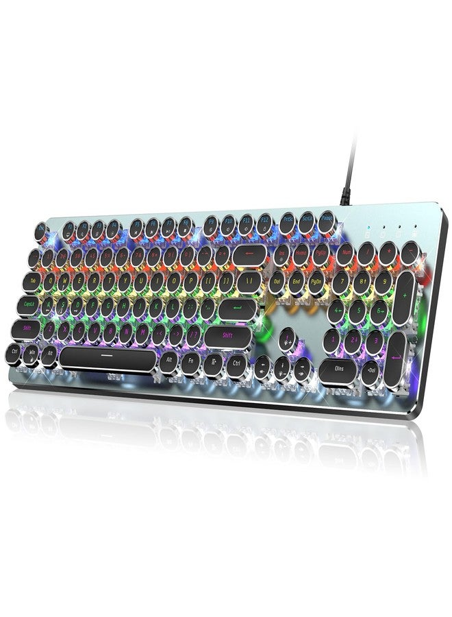RisoPhy PC420 Typewriter Style Mechanical Gaming Keyboard, Metal Panel, Retro Punk Round Keycaps, Clicky Blue Switch, Rainbow LED Backlit, 104 Keys Wired Keyboard, Round Keycaps for PC Mac Gamer - Image 1