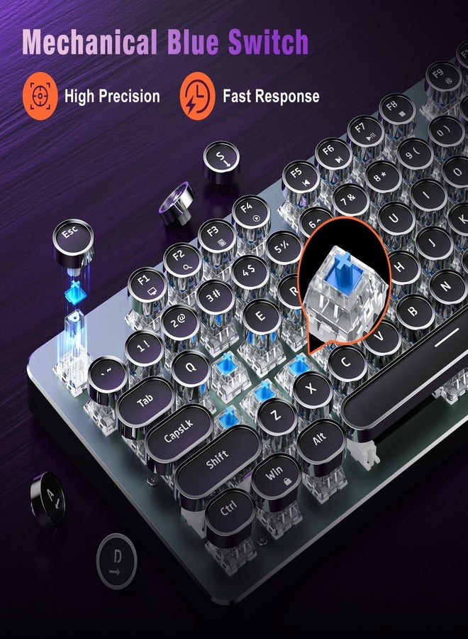RisoPhy PC420 Typewriter Style Mechanical Gaming Keyboard, Metal Panel, Retro Punk Round Keycaps, Clicky Blue Switch, Rainbow LED Backlit, 104 Keys Wired Keyboard, Round Keycaps for PC Mac Gamer - Image 4