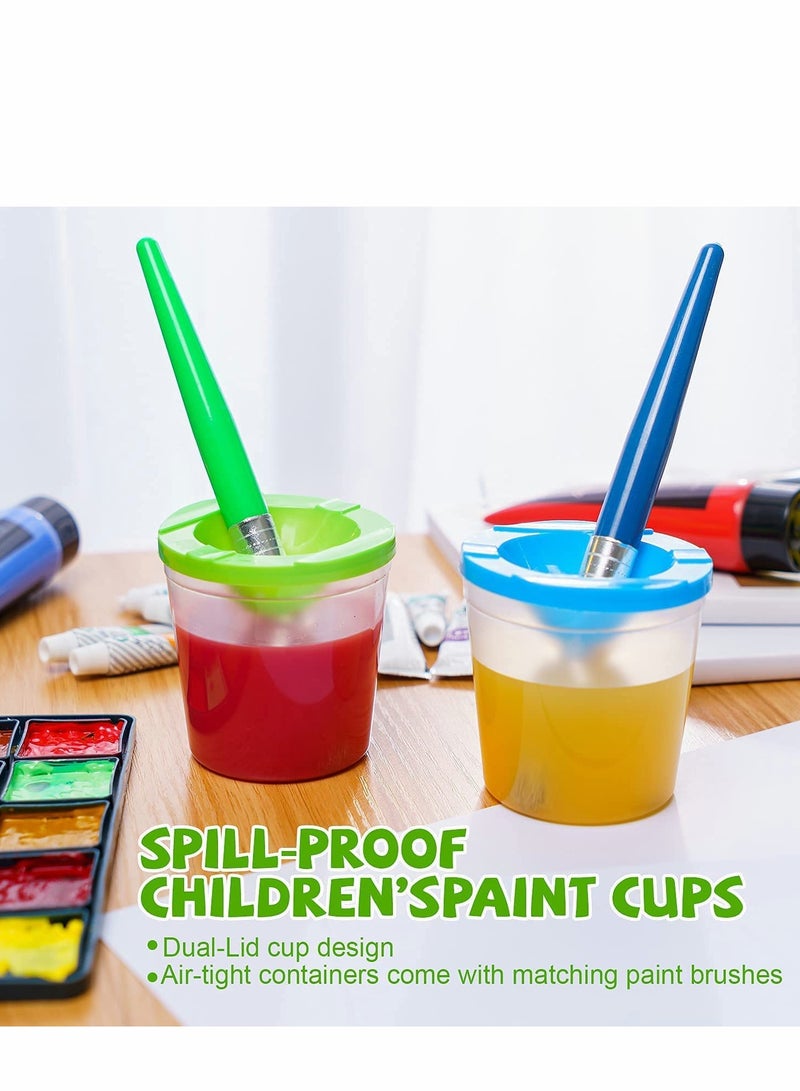 4 Pack Spill-Proof Paint Cups Set, Children's No Spill Paint Cups with Paint Brushes and Lids, Easy to Clean Colorful Kids Painting Tools,  for Watercolor, Washable, Acrylic Paint - Image 4
