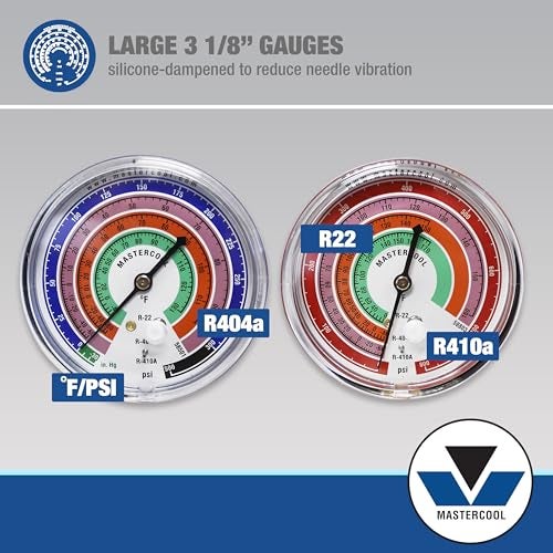 MASTERCOOL مجموعة عدادات مانيفولد نحاسية ثقيلة من ماستركول 59161 ذات اتجاهين مع عدادات مخففة من السيليكون بحجم 3 1/8" وتركيبات SAE بحجم 1/4" لغازات R410a وR22 وR404A - تم تجميعها واختبارها في الولايات المتحدة مع خراطيم بطول 60". - Image 5
