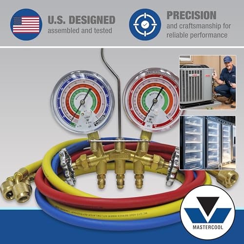 MASTERCOOL مجموعة عدادات مانيفولد نحاسية ثقيلة من ماستركول 59161 ذات اتجاهين مع عدادات مخففة من السيليكون بحجم 3 1/8" وتركيبات SAE بحجم 1/4" لغازات R410a وR22 وR404A - تم تجميعها واختبارها في الولايات المتحدة مع خراطيم بطول 60". - Image 2