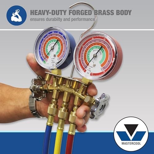 MASTERCOOL مجموعة عدادات مانيفولد نحاسية ثقيلة من ماستركول 59161 ذات اتجاهين مع عدادات مخففة من السيليكون بحجم 3 1/8" وتركيبات SAE بحجم 1/4" لغازات R410a وR22 وR404A - تم تجميعها واختبارها في الولايات المتحدة مع خراطيم بطول 60". - Image 3