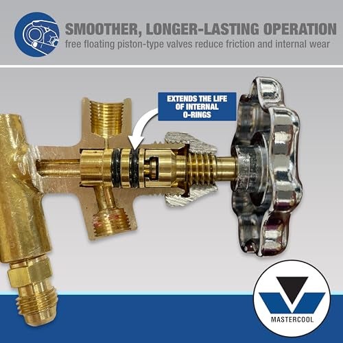 MASTERCOOL مجموعة عدادات مانيفولد نحاسية ثقيلة من ماستركول 59161 ذات اتجاهين مع عدادات مخففة من السيليكون بحجم 3 1/8" وتركيبات SAE بحجم 1/4" لغازات R410a وR22 وR404A - تم تجميعها واختبارها في الولايات المتحدة مع خراطيم بطول 60". - Image 4