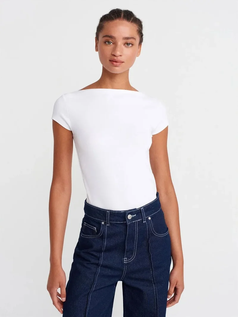 ديلفين DILVIN Women's Ribbed Boat Neck Slim Fit T-Shirt