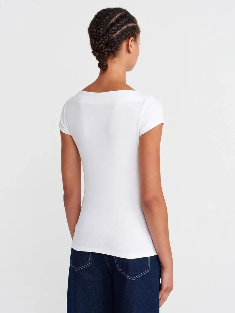ديلفين DILVIN Women's Ribbed Boat Neck Slim Fit T-Shirt