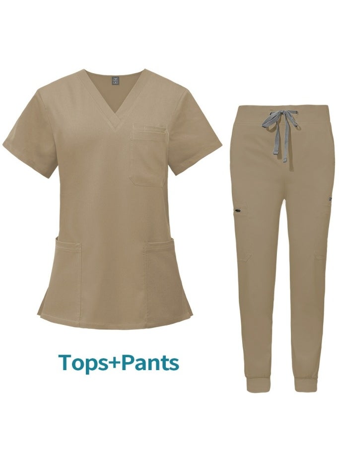 Loquat Medical Uniform Scrubs 2 Piece Set V-Neck Top and Jogger Pants Suit Beige  - Image 1