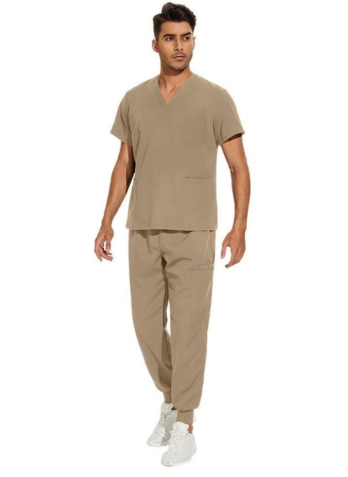 Loquat Medical Uniform Scrubs 2 Piece Set V-Neck Top and Jogger Pants Suit Beige  - Image 2