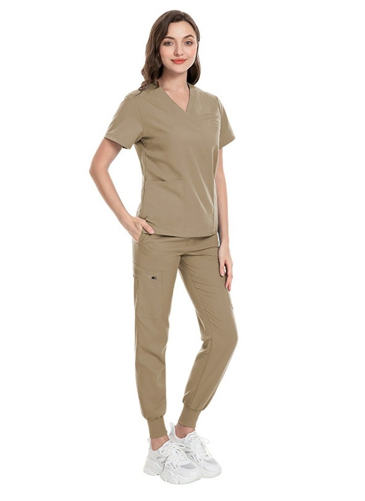 Loquat Medical Uniform Scrubs 2 Piece Set V-Neck Top and Jogger Pants Suit Beige  - Image 3