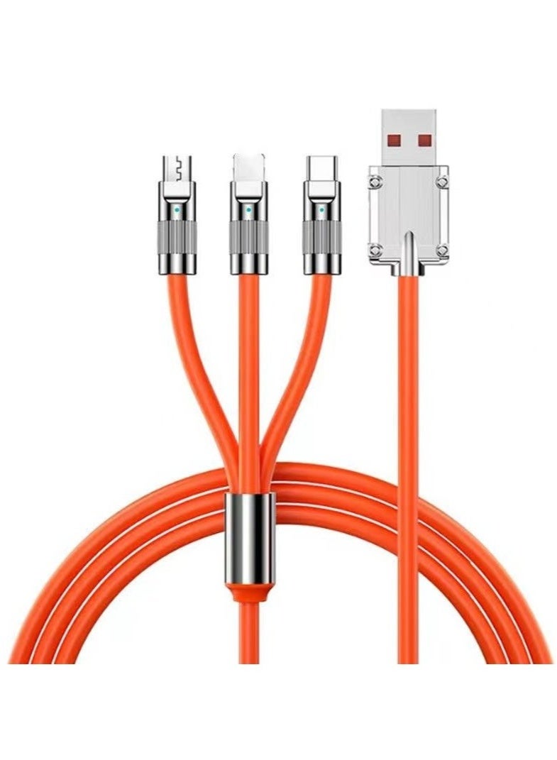 6A  3 in 1 Fast Charger Cord Multi Function Charging Cable120W, 1.2 Meter Super Soft Silicone Universal USB Charging Cable Adapter with Lightning/Type C/USB Port(Orange) - Image 2